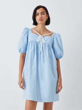 Sister Jane Powder Blue Puff Sleeve Swiss Dot Mini Dress with Lace Tie